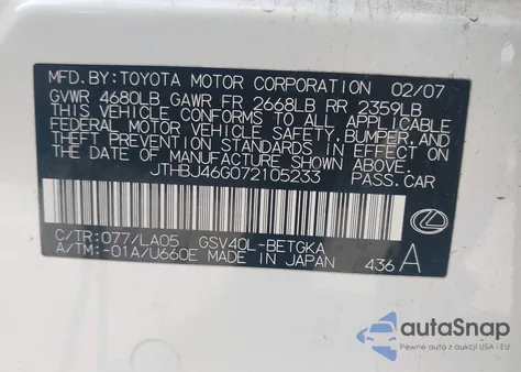 2007 Lexus Es 350 z USA, uszkodzony, nr VIN JTHBJ46G072105233